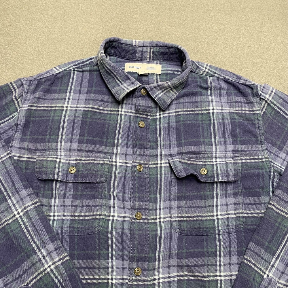 Old Navy Shirt Mens XL Navy Green Plaid Flannel Regular Fit Long Sleeve Pocket